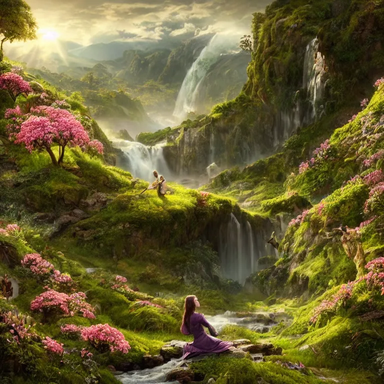 Prompt: an elegant elvish lady sitting and looking out at a lord of the rings scenery landscape, vast lush valley flowers, stream, sunrise, god's rays highly detailed, vivid colour, soft clouds, floral sunset, cinematic lighting, perfect composition, 8 k, gustave dore, derek zabrocki, greg rutkowski, belsinski, octane render