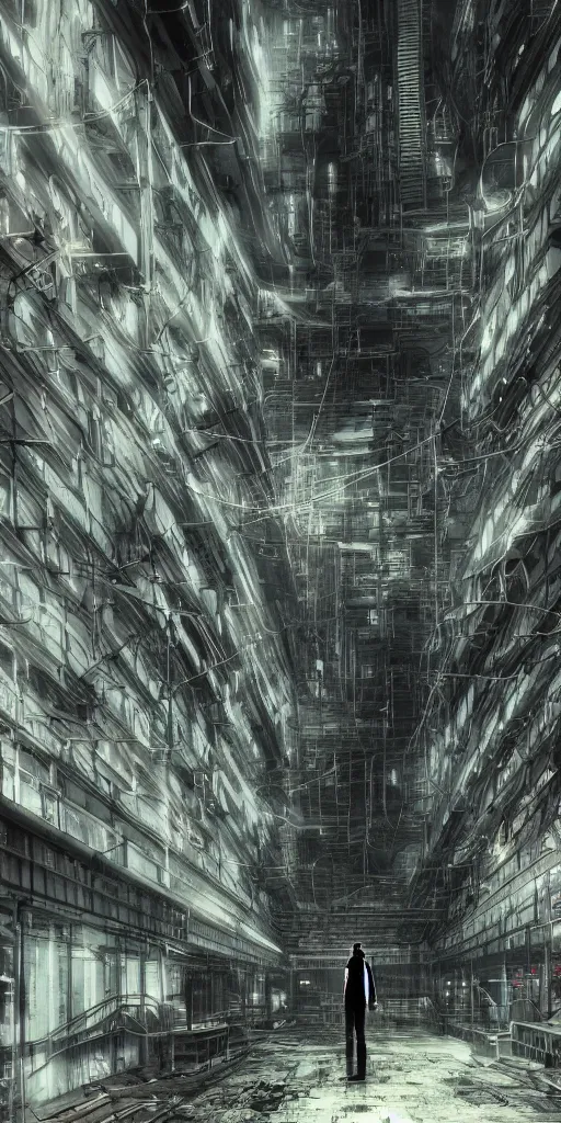 Prompt: lonely stranger inside a hall of monumental cyberpunk industrial factory megacomplex; by tsutomi nihei; hyperrealistic, 4K wallpaper, highly detailed