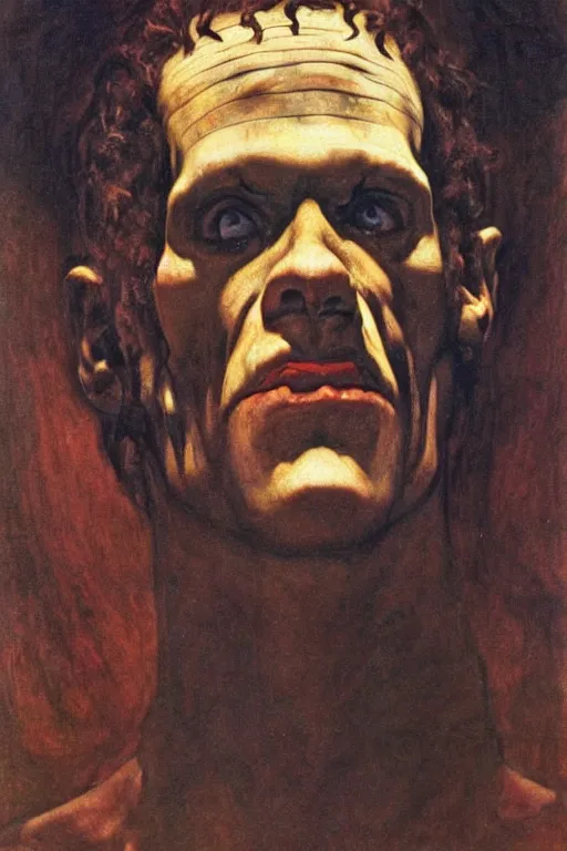 Prompt: a portrait of Frankenstein, by Annie Swynnerton and Nicholas Roerich and Jean Delville, dramatic cinematic lighting, extremely detailed