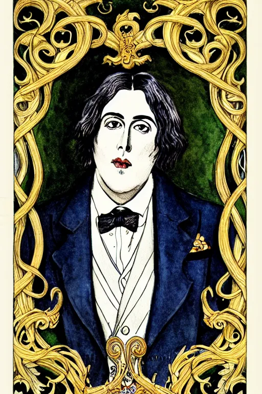 Prompt: realistic portrait of oscar wilde in the center of an ornate rococo frame with skulls, detailed art by kay nielsen and walter crane, illustration style, watercolor