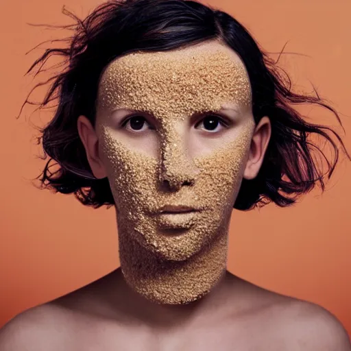 Image similar to millie bobby brown made out of millet, human face made out of millet, professional food photography