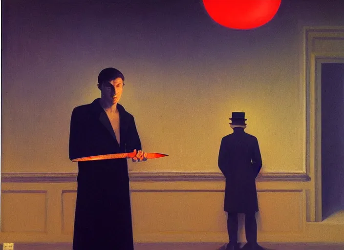 Prompt: a beauty man with a knife in his hand stands in a drugstore and buys a black inflatable balloon, highly detailed, soft lighting, elegant, by edward hopper and james gilleard, zdzislaw beksinski, steven outram, highly detailed