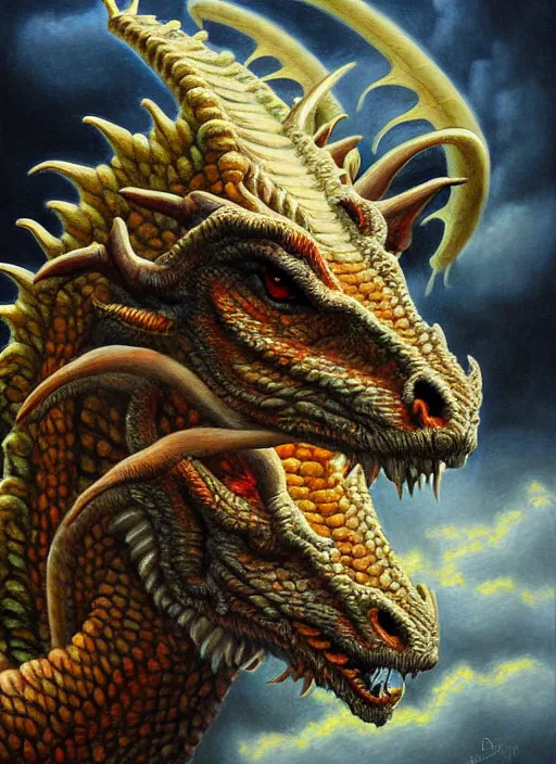 Image similar to portrait of a dragon dreaming of sheep, deviantart oil painting, award winning, highly detailed painting