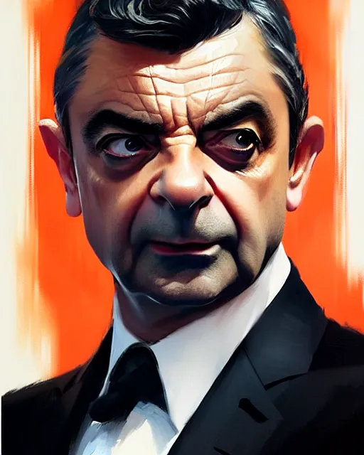 Image similar to rowan atkinson as james bond, suave looking, fine details, realistic shaded lighting poster by greg rutkowski, magali villeneuve, artgerm, jeremy lipkin and michael garmash and rob rey