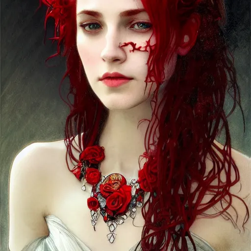 Prompt: portrait of beautiful vampire, rose thorn crown, thorns everywhere, headshot, pale skin, 4k, rule of thirds, extreme detail, detailed drawing, trending artstation, hd, fantasy, D&D, realistic lighting, by Alphonse Mucha, Greg Rutkowski, sharp focus, backlit, bright red hair, necklace, jewelry