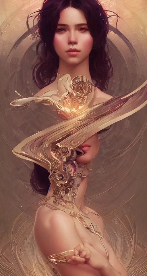 Image similar to beautiful young girl, cybernectic, vaporwave aesthetic, synthwave, intricate, elegant, highly detailed, digital painting, artstation, concept art, smooth, sharp focus, illustration, art by artgerm and greg rutkowski and alphonse mucha