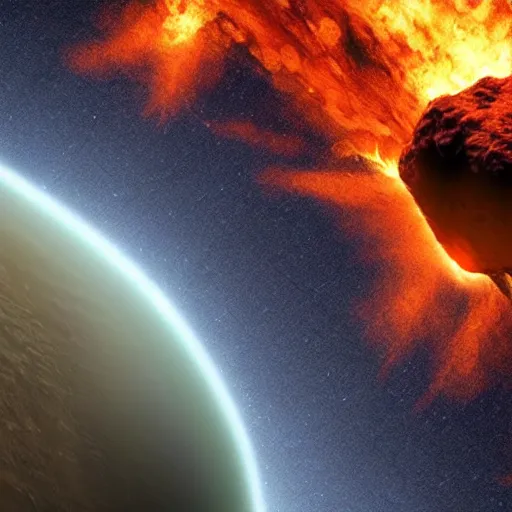 Image similar to fiery asteroid flying through space moving towards earth