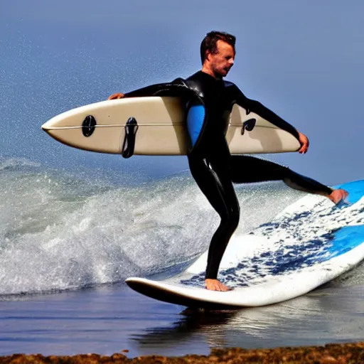 Image similar to action picture of a man surfing a wave using an ironing board