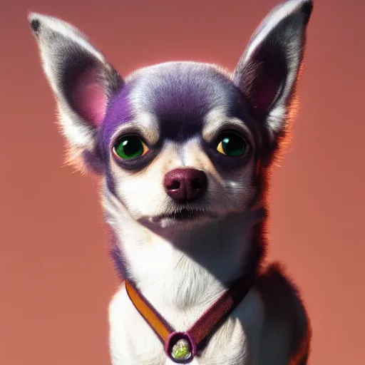 Image similar to a photorealistic render of a purple and green fluffy cloud shaped like an chihuahua, 3D octane render, unreal engine, hyperrealistic, 8k, volumetric lighting