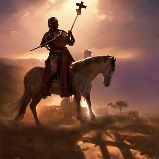 Prompt: gladiator mounted on horseback and carrying the flag of the cross of saint andrew on top of a hill, key art by craig mullins, bloom, dramatic lighting, cinematic, high details