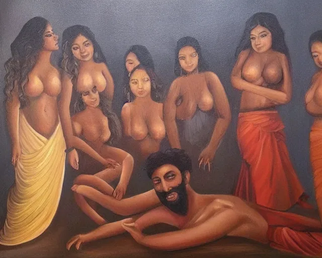 Prompt: beautiful oil painting of a brown man and his 7 wives in the afterlife. the beautiful curvy women are in love with their husband. lovely scene