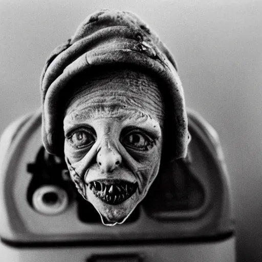 Prompt: deformed irradiated person with acute radiation sickness flaking, melting, rotting skin wearing 1950s clothing background a 1950s nuclear wasteland. Photo is black and white award winning photo highly detailed, highly in focus, highly life-like, facial closeup taken on Arriflex 35 II, by stanley kubrick