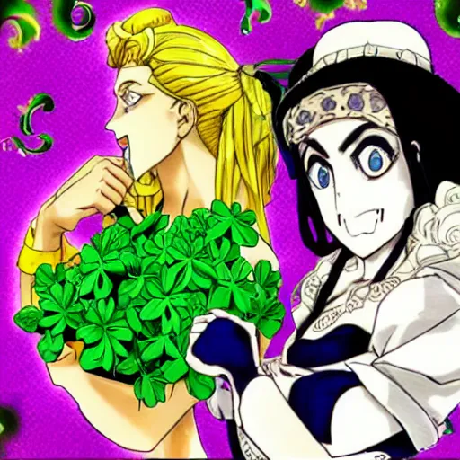 Prompt: a jojo's bizarre adventure manga artstyle colorful sketch : Marie the mother of Jesus resembling Jolyne Kujo, smiling with her mouth shut, not looking at the camera, with a saint aureola, black and white, wearing a veil, shamrocks and lilies in the background by by hirohiko araki shonen jump, crisp details, realistic, featured on Artscape