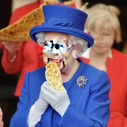 Prompt: Queen Elizabeth biting into a Taco Bell burrito