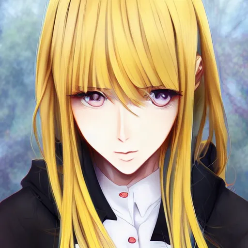 Prompt: advanced digital anime art, female teen with red eyes and blonde / yellow hair that is to neck length wearing a dark grey school outfit. drawn by Shikamimi, WLOP,rossdraws