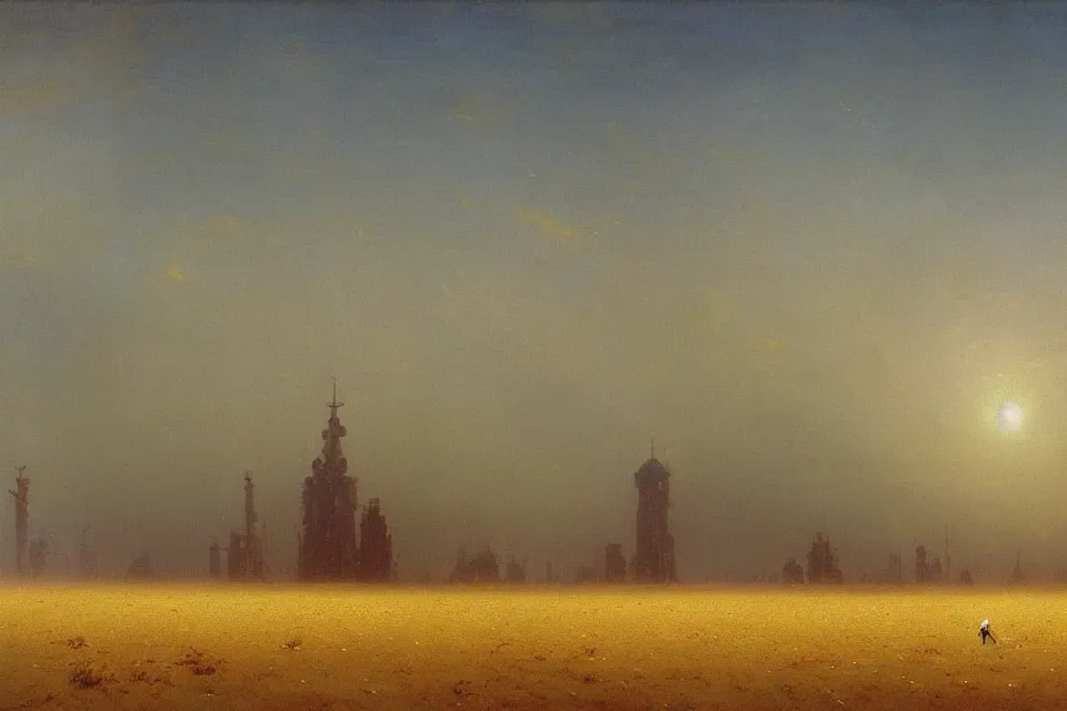 Image similar to sci-fi painting of a large alien city on the vast wheat fields, the closed back view of only one humanoid robot on the ground, by Ivan Aivazovsky, godrays, detailed