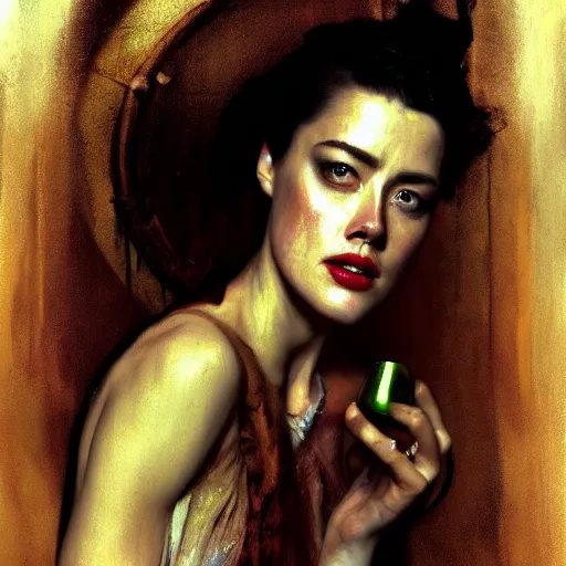 Image similar to hyperrealistic portrait of a woman as amber heard drinking wine in hell by jeremy mann and alphonse mucha, fantasy art, photo realistic, dynamic lighting, artstation, poster, volumetric lighting, very detailed faces, 4 k, award winning