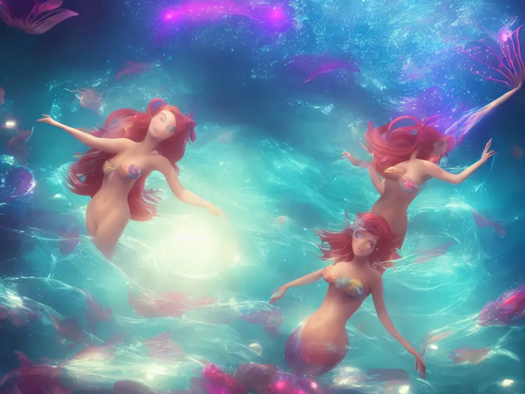 Prompt: dreamy portrait of a beautiful mermaid Ariel swimming underwater around bioluminiscent jellyfishes and fishes, anime, volumetric lighting, smooth 4k