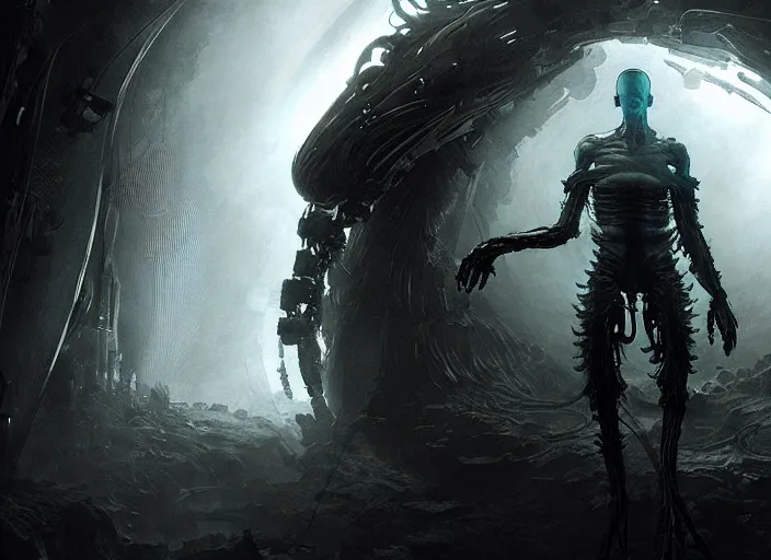 Image similar to a mysterious translucent space alien, lone traveler, muscle shirt, eerie shimmering surroundings, concept art, intricate, detailed, award - winning, cinematic, octane render, 8 k, photorealistic, by tsutomu nihei and emil melmoth and gustave dore and craig mullins and yoji shinkawa