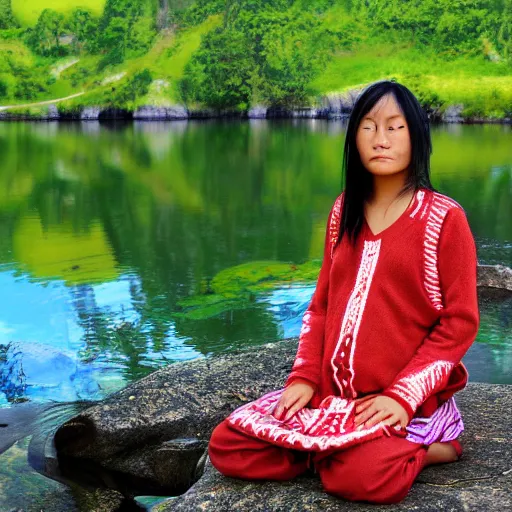 Prompt: prompt Young Woman, wearing Inka clothes, sad expression, sitting at a pond, mountainous area, trees in the background, digital art