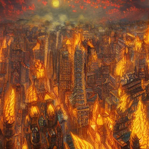 Image similar to a city on fire, tall buildings, extreme detail, abstract realism, highly ornate intricate details, 1 9 2 0's colored pencil, 4 k, cinematic lighting,