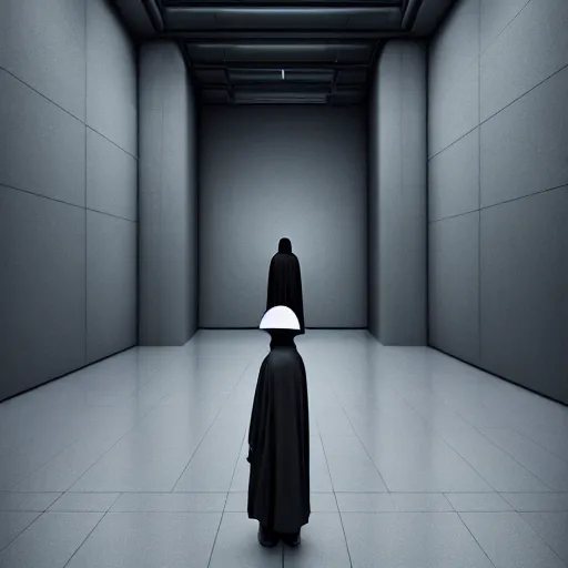 Image similar to the grim reaper standing stoic in black robe, waiting patiently, in a museum, perfect composition, by mike winkelmann