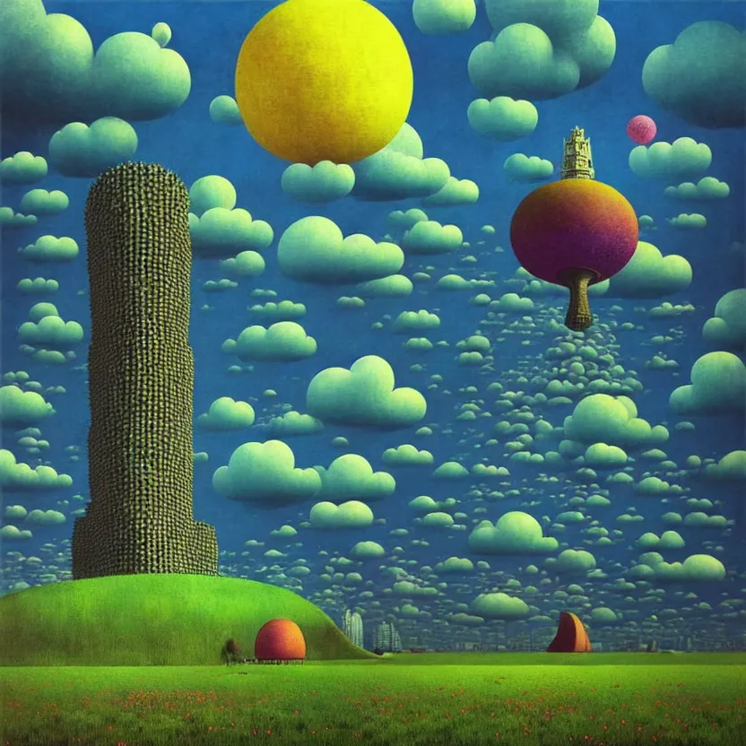 Prompt: surreal glimpse into other universe, mahanakorn tower with airship floating sky, summer morning, very coherent and colorful high contrast, art by! gediminas pranckevicius, rene magritte! paul klee geof darrow, volumetric lighting, cinematic, floralpunk screen printing woodblock, dark shadows, hard lighting, stipple brush