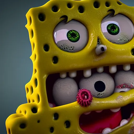 Image similar to demented creepy spongebob staring into your soul with realistic tentacles in the background, scary, rendered in blender, horror, gloomy, dark, terrifying, terror, frightful, super detailed octane render ran in blender optimized,