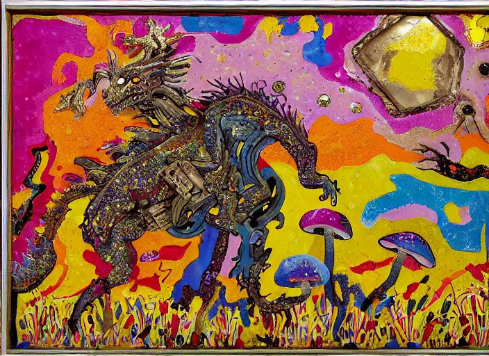 Image similar to expressionistic pixelated decollage painting golden armor alien zombie horseman riding on a crystal bone dragon broken rainbow diamond maggot horse in a blossoming meadow full of colorful mushrooms and golden foil toad blobs in a golden sunset, distant forest horizon, painted by Mark Rothko, Helen Frankenthaler, Danny Fox and Hilma af Klint, graffiti buff, pixel mosaic, semiabstract, color field painting, byzantine art, pop art look, naive, outsider art, very coherent symmetrical artwork. Beksinski painting, part by Philip Guston and Adrian Ghenie, art by George Condo, 8k, extreme detail, intricate detail, masterpiece