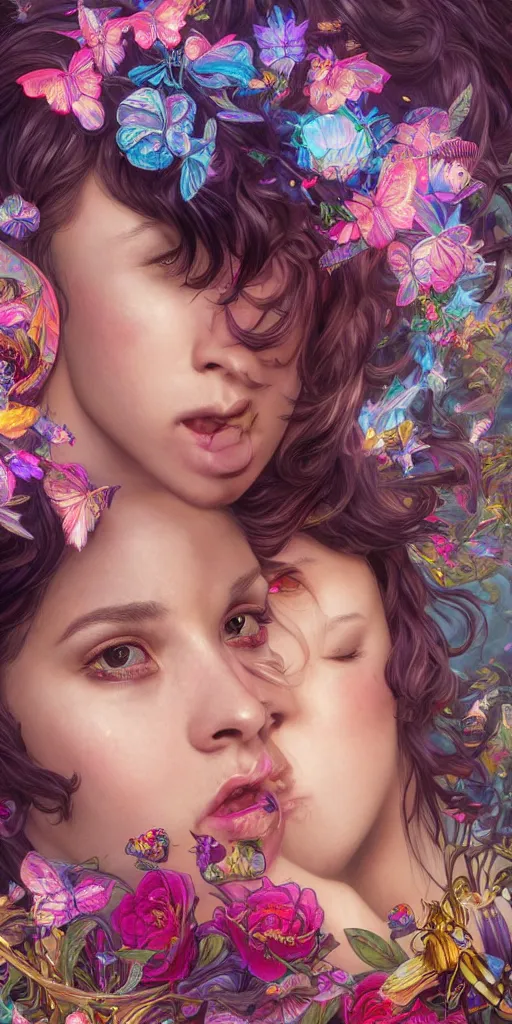 Prompt: adam and ever, intense eyes, tears running down, crying, vaporwave aesthetic, synthwave, colorful, psychedelic, crown, flowers, bees, butterflies, ribbons, ornate, intricate, digital painting, artstation, concept art, smooth, sharp focus, illustration, art by artgerm and greg rutkowski and alphonse mucha