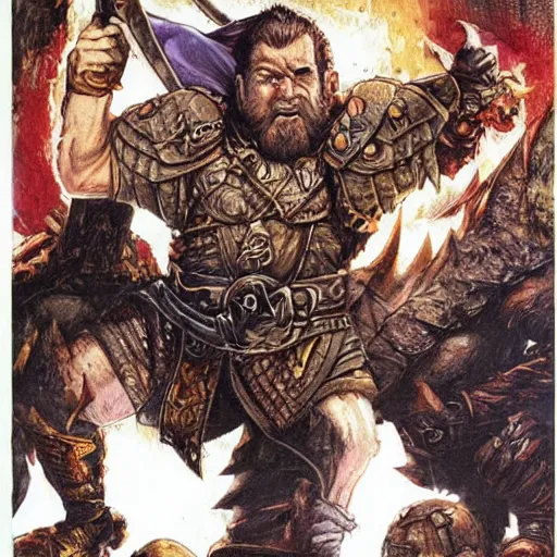 Image similar to ryan reynolds as a d & d dwarven cleric, by simon bisley