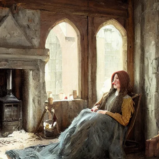 Prompt: celtic woman sitting next to a fireplace in a medieval house, volumetrics, cozy, expressive oil painting, highly detailed, by wlop, by jeremy lipking, beautiful face, nature inspired, octane render, digital art, cold harsh winter