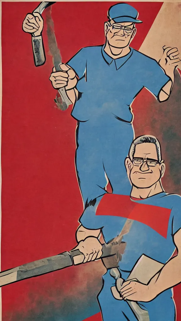 Prompt: Hank Hill holding a hammer and sickle, highly detailed Soviet propaganda poster, by Iraklij Toidze