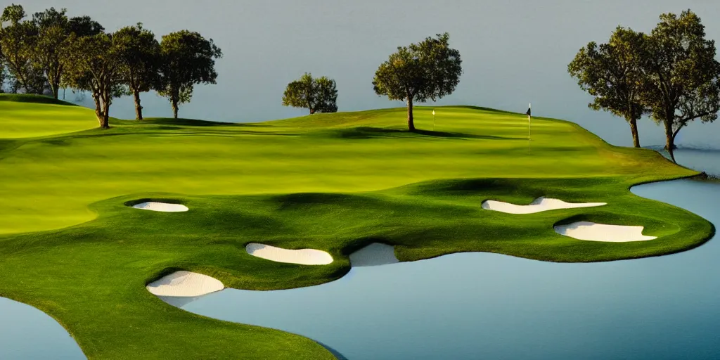 Image similar to a great photograph of the most amazing golf hole in the world completely surrounded by water, calm water, perfect light, ambient light, miniature, tilt shift, 5 0 mm, golf digest, top 1 0 0, fog