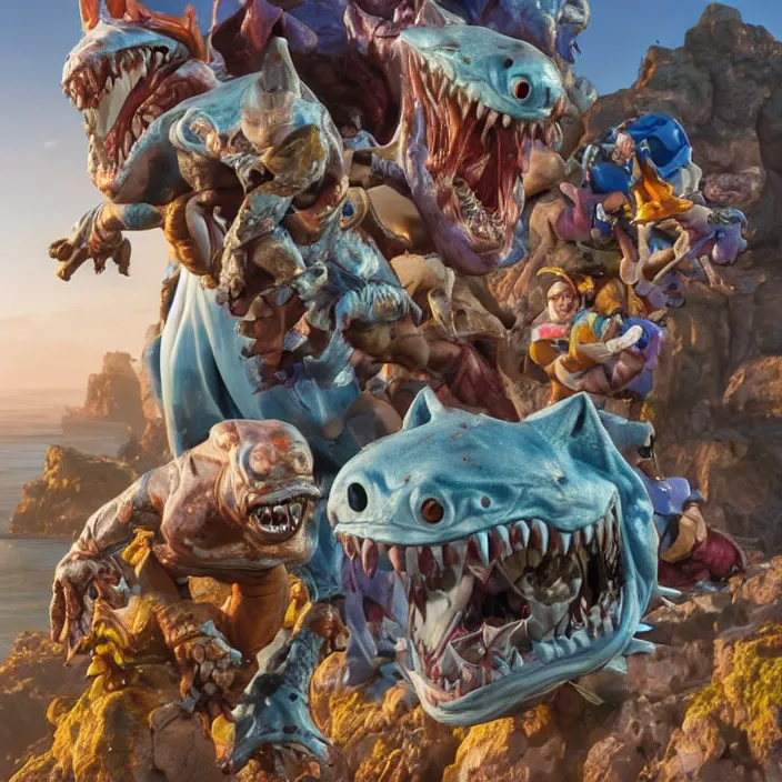 Image similar to jeff koons style street sharks, ultra realistic, concept art, intricate details, serious, highly detailed, photorealistic, octane render, 8 k, unreal engine, art by todd mcfarlane and artgerm and greg rutkowski and alphonse mucha