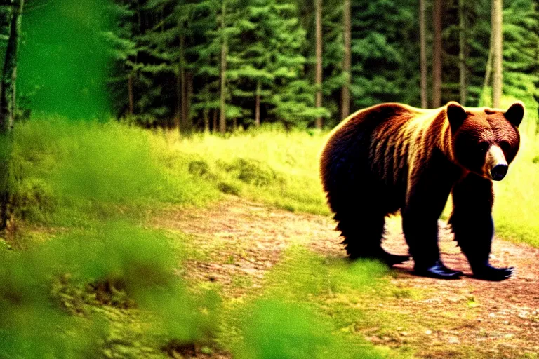 Image similar to a movie still of a bear in a forest by walerian borowczyk, immoral tales, grain, technicolor, high definition, remastered, wide angle, 7 0 mm, wide shot, cinematic