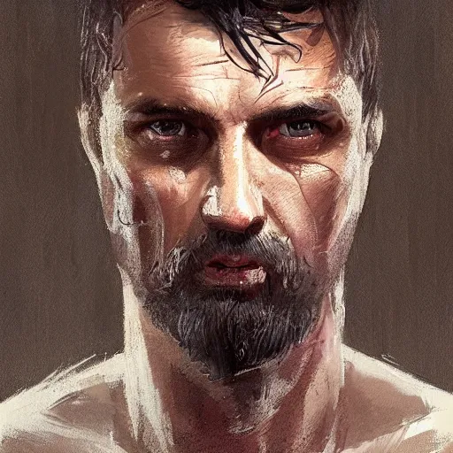 Image similar to Portrait of a man by Greg Rutkowski, he is about 40 years old, southern slav features, messy brown short hair, strong and tall, tired expression, he is wearing a black tank top, highly detailed portrait, digital painting, artstation, concept art, smooth, sharp foccus ilustration, Artstation HQ.