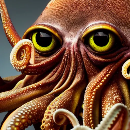 Image similar to a close up of an octopus with large eyes, a macro photograph by craola, lovecraftian, grotesque, macro photography