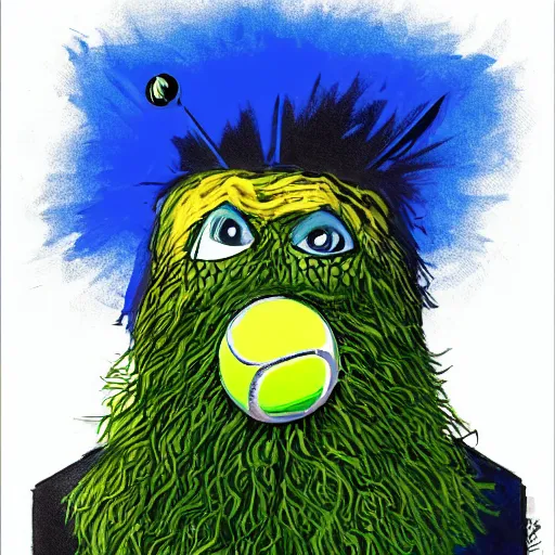 Image similar to a tennis ball monster wearing a scottish kilt, big mustache, scotland blue, digital art, fantasy, magic, chalk, trending on artstation, ultra detailed, professional illustration by basil gogos