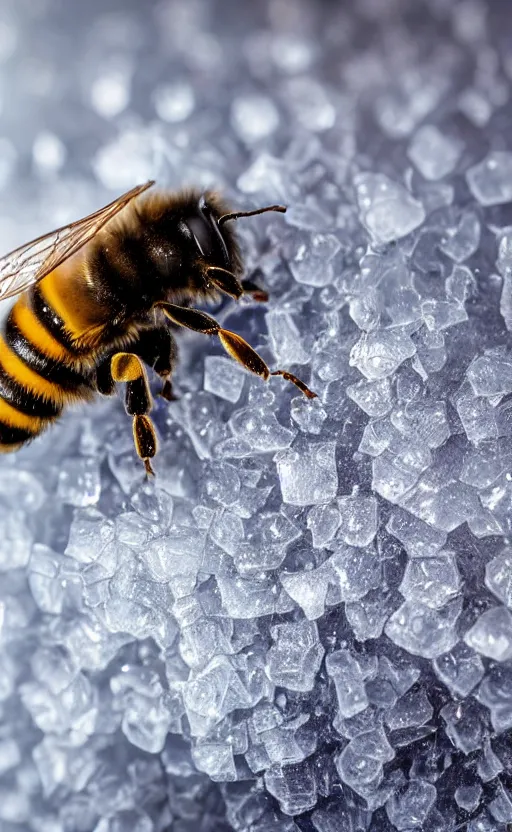 Prompt: the last bee entrapped under a layer of ice, beautiful macro photography, cold ambient light