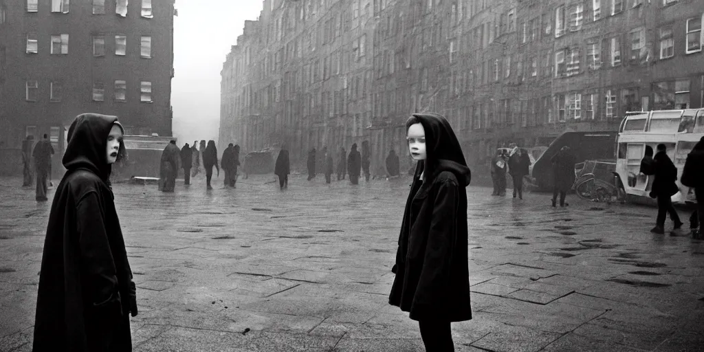 Image similar to sadie sink in hoodie at umbrella stand in ruined square, pedestrians on both sides ignore her, old tenements in background : grainy b & w 1 6 mm film, 2 5 mm lens, single long shot from schindler's list by steven spielberg. cyberpunk, steampunk. cinematic atmosphere and composition, detailed face, perfect anatomy