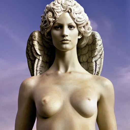 Image similar to a marble statue, of an beautiful angel girl, perfect symmetrical body, perfect symmetrical face, hyper realistic, hyper detailed, fujicolor superia 1 6 0 0 photo, by peter kemp