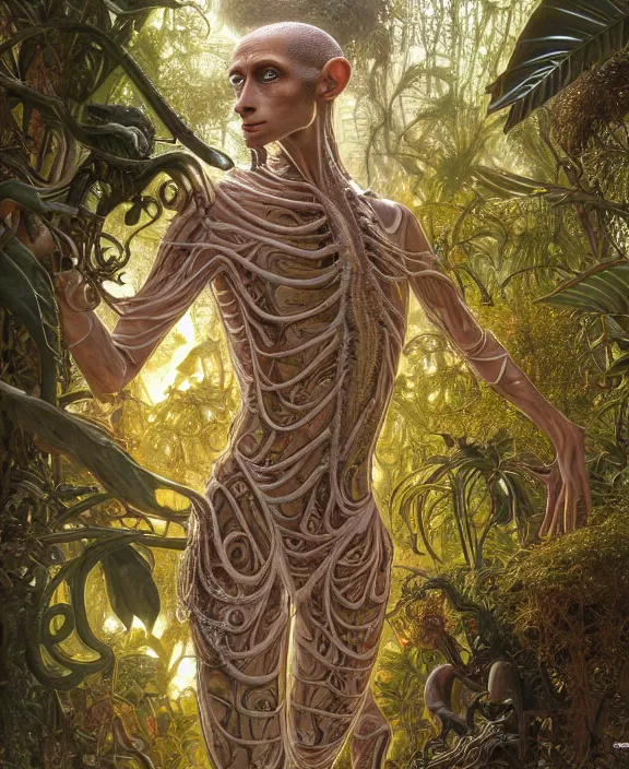 Image similar to intricate ornate opulent transparent clear see - through portrait of a terrifying beautiful skinny male alien centipede, mottled coloring, adorable, childlike, overgrown jungle environment, ultra realistic, concept art, art nouveau, photorealistic, octane render, 8 k, unreal engine. art by christopher marley and artgerm and greg rutkowski and alphonse mucha