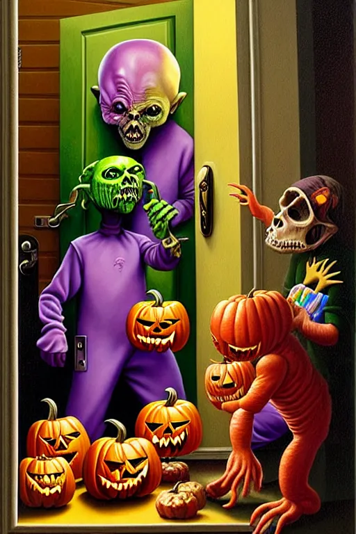 Prompt: a hyperrealistic painting of trick or treaters knocking on door and scary chimeric creature answers with bowl of candy, cinematic horror by jimmy alonzo, the art of skinner, chris cunningham, lisa frank, richard corben, highly detailed, vivid color,