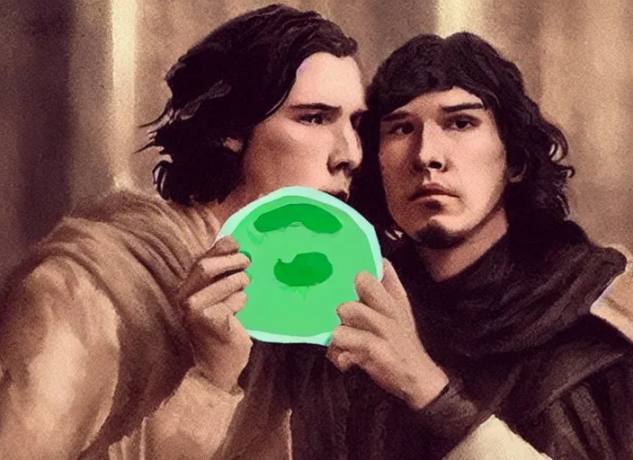 Image similar to reylo kissing, green american dollar bill!!!, rey and kylo ren