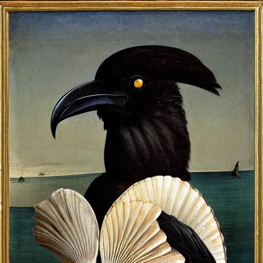 Image similar to high quality oil painting by botticelli, a raven bird standing on an open scallop shell