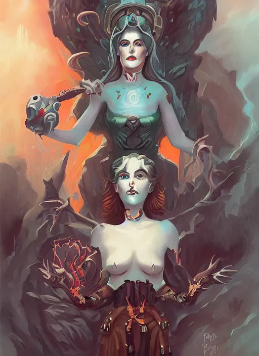 Image similar to Twin Peaks artwork Kiernan Shipka dressed as satanist by Peter Mohrbacher