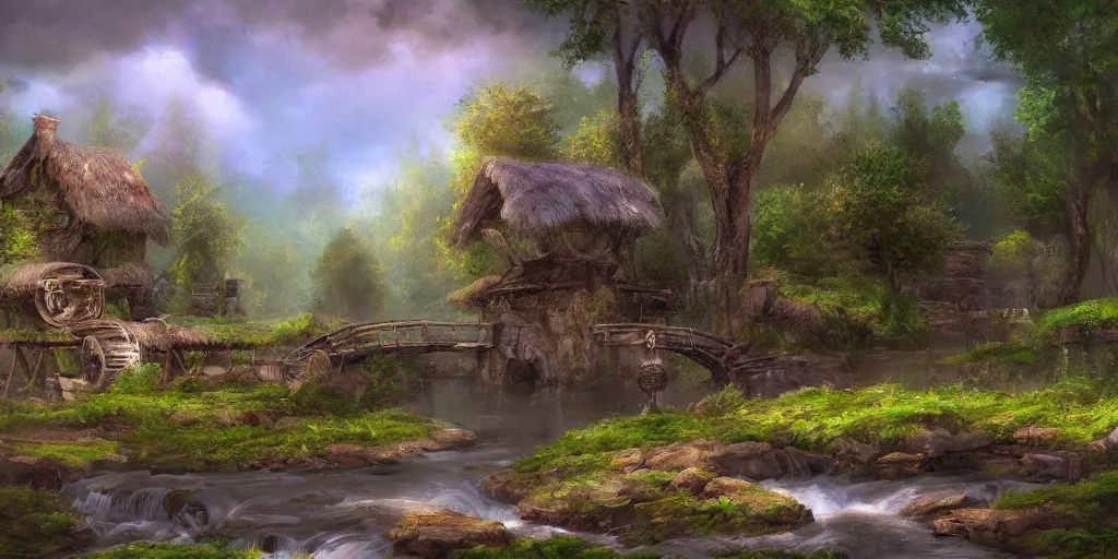 Image similar to a small surreal serene fantasy village on the edge of the woods, small stream, water wheel, by bob ross, lord of the rings, smooth, detailed terrain, oil painting, matte painting, concept art, trending on artstation