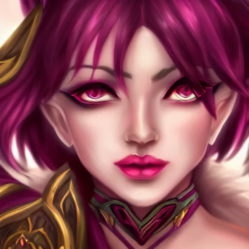 Prompt: portrait of a female high elf with magenta eyes and dark hair, in the style of league of legends digital art trending on art station 8 k