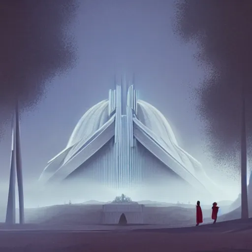 Prompt: futuristic temple between hills with big trees, monks walking, shooting stars, dramatic lighting, artstation, matte painting, raphael lacoste, simon stalenhag, frank lloyd wright, zaha hadid